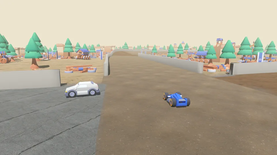 Two cars meeting at the crossing of a figure-of-eight track inside castle walls