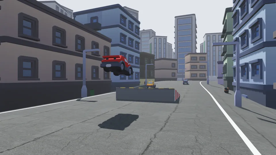 A red sports car flying off a steel ramp between city buildings