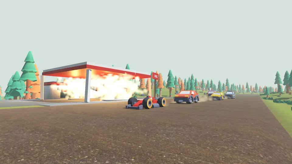 Fuel pumps exploding under a petrol station canopy as a race car and a red sedan speed past