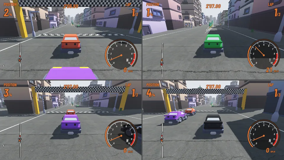 Four players racing in split screen on one PC, a quarter of the screen each